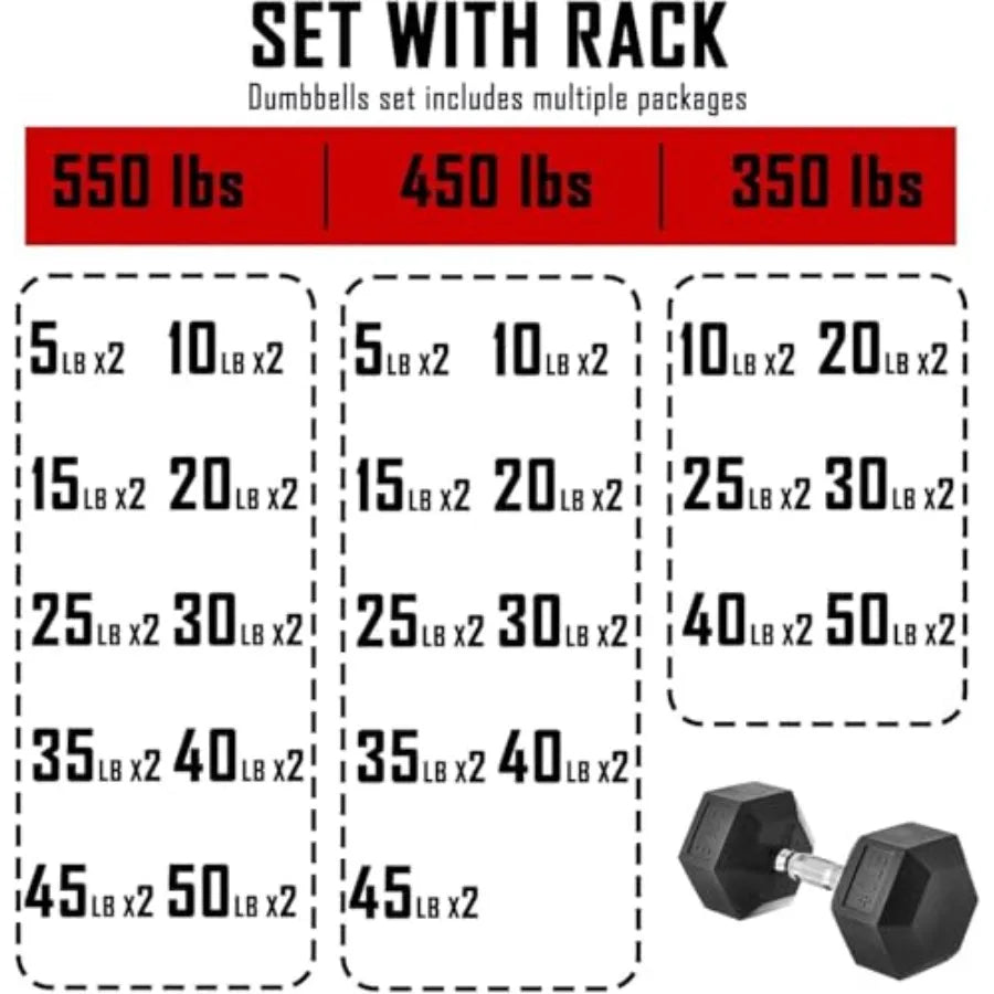 Rubber Hex Dumbbell Set With Rack 350 450 550 Lbs