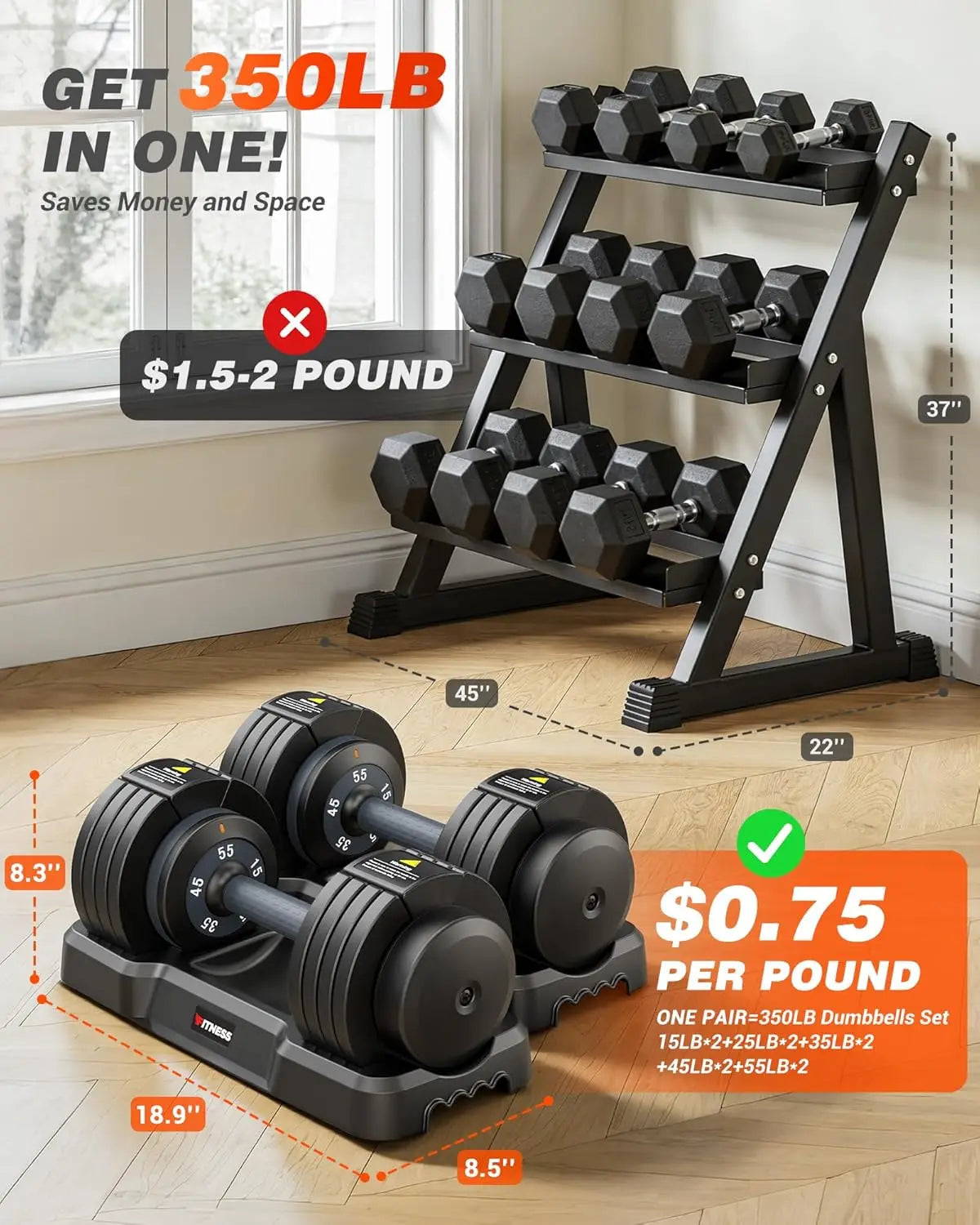 Adjustable Dumbbells Set 2 Quick Lock 55 Lbs Home Training